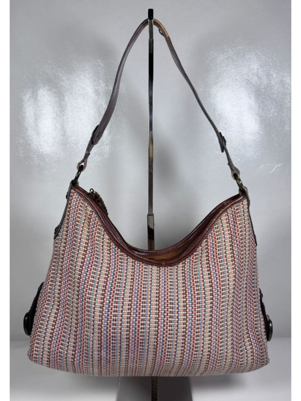 Vintage Fossil 75082 Woven Multi Color Canvas Hobo Shoulder Bag Leather Trim